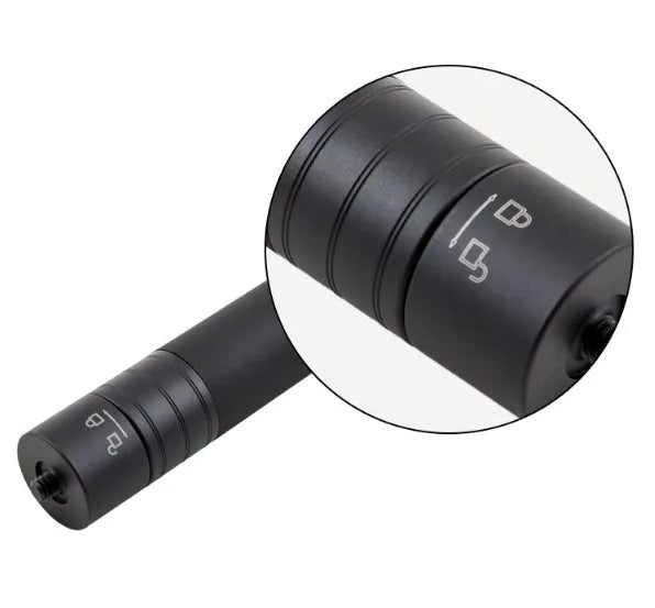 Black retractable selfie stick extended with smartphone attached in adjustable clamp