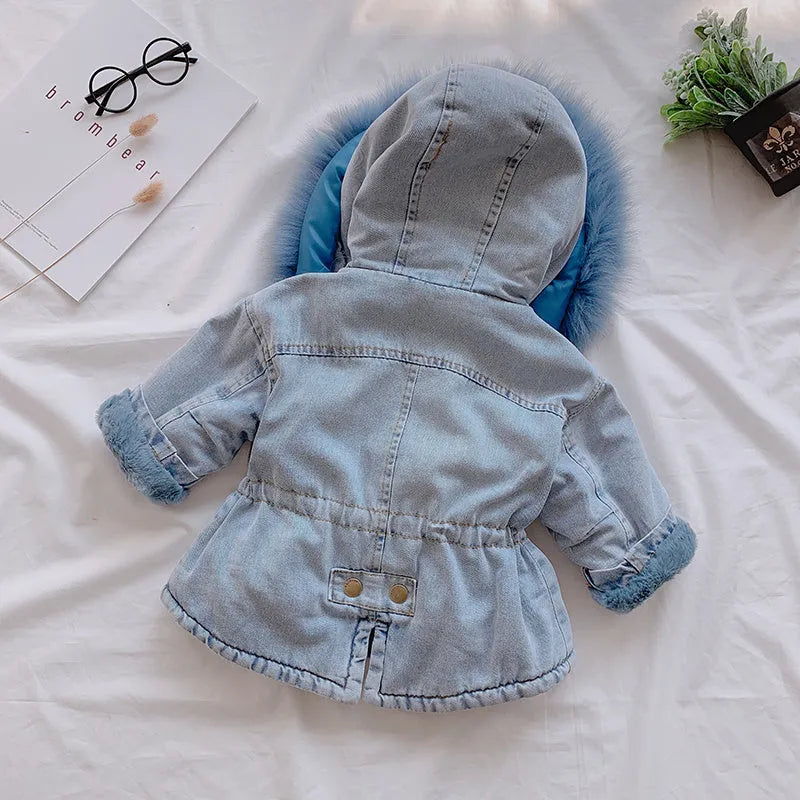 Girls denim coat with fixed hat and plus velvet lining, available in blue and pink, sizes 80cm to 120cm.