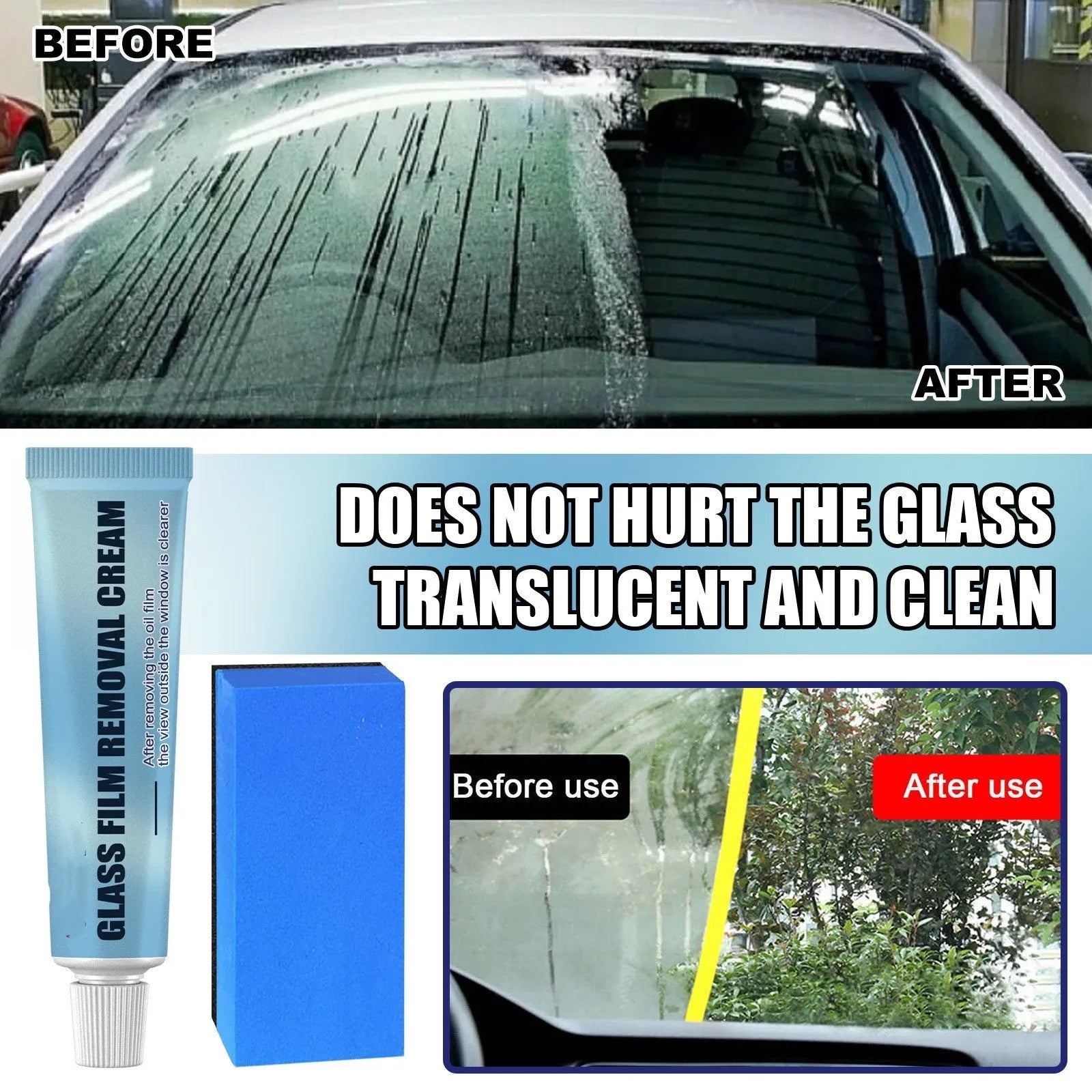 Blue container of car glass oil film remover paste and a soft sponge applicator on a car windshield.