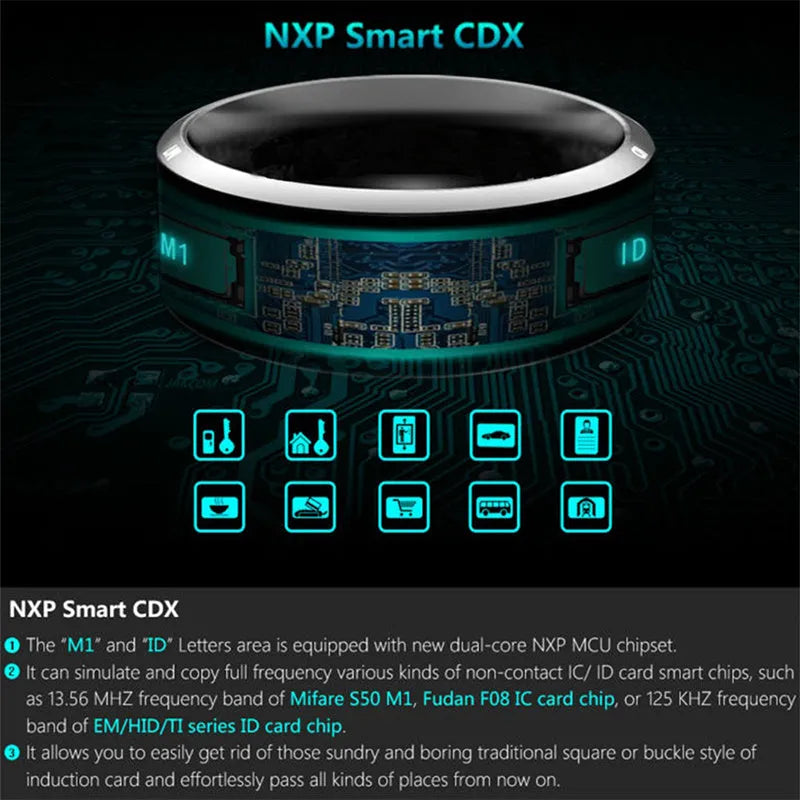 Black NFC ring for Android smartphone with wireless sharing and information push, 22x22x7.9mm, sizes 8 to 12