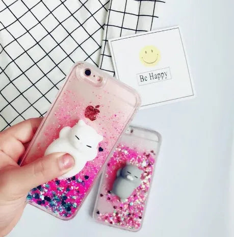 Four glittery cat-themed phone cases for iPhone models 6 to X displayed together.