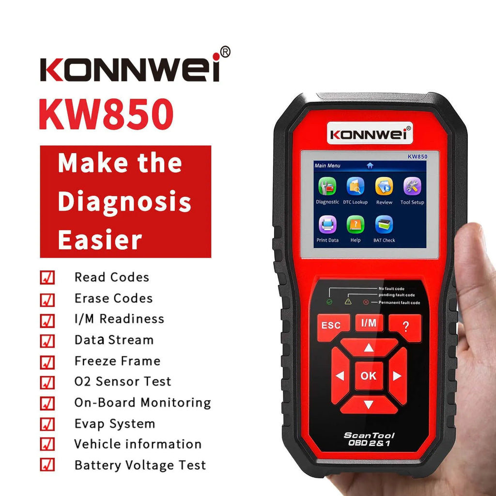 KONNWEI KW850 OBD2 CAN BUS code reader with TFT colour display and One-Click I/M Readiness Key