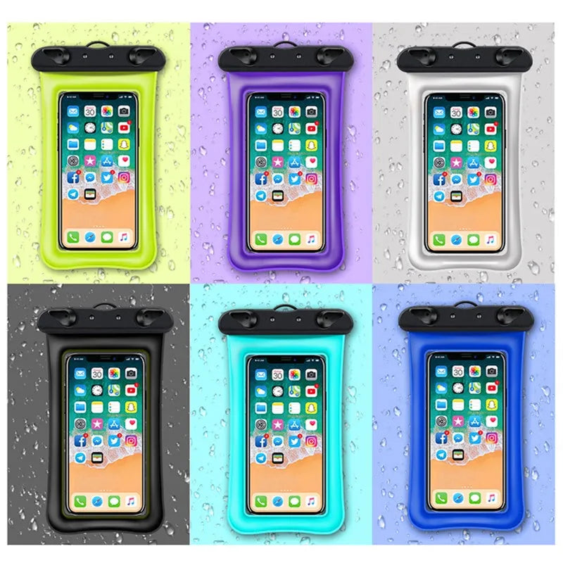 Orange waterproof phone pouch with double airbag design and a black adjustable neck rope.