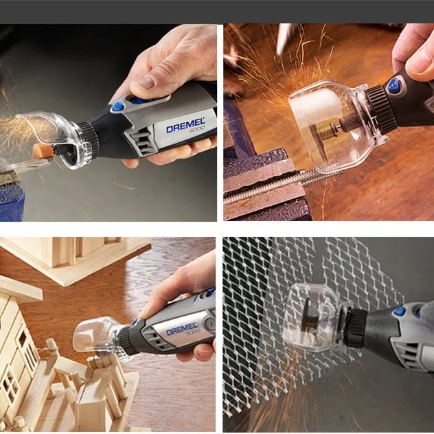 Transparent plastic horn-shaped safety cover for Delta electric grinders on a workbench.