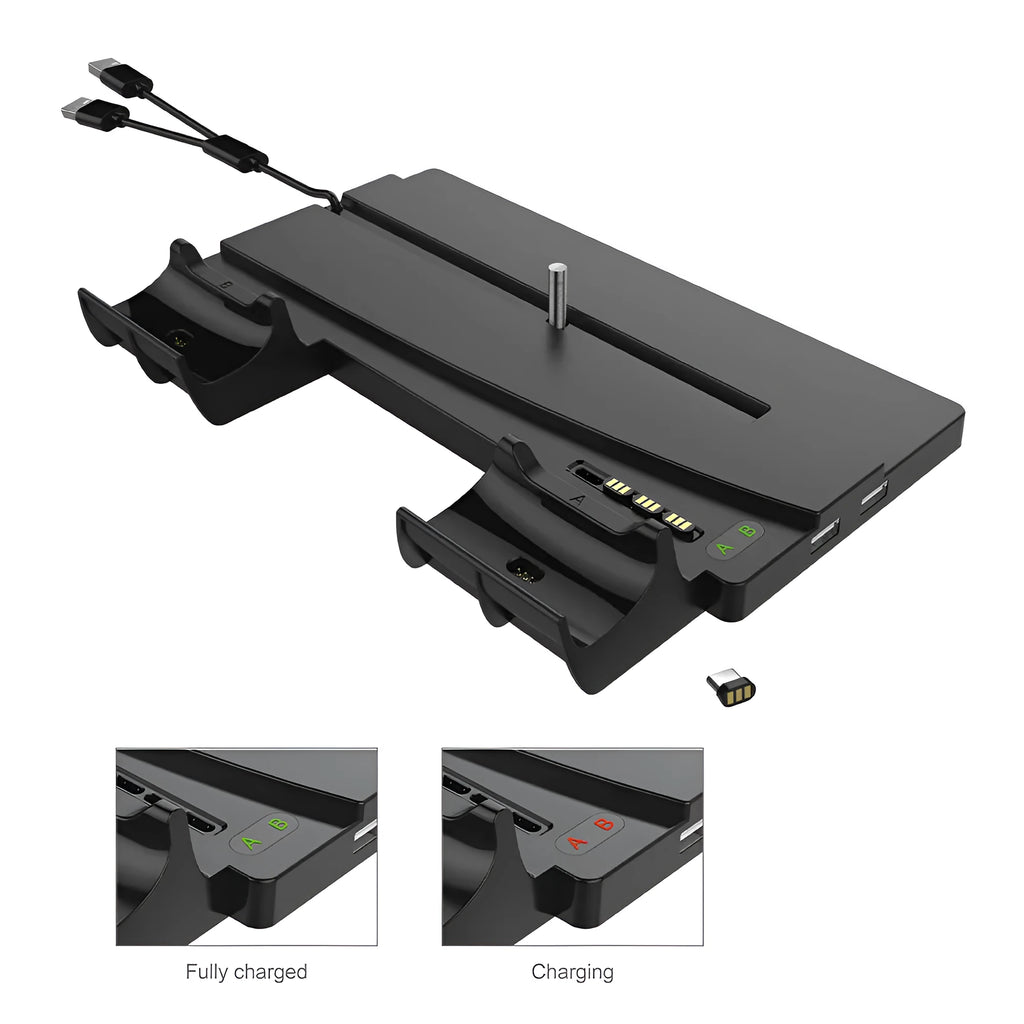 PS5 multi-function charger stand in black material with USB interface for console and controller