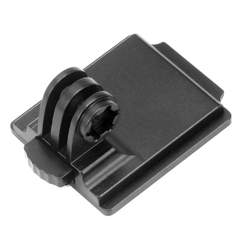 Aluminium alloy camera mounting bracket for attaching a GoPro to a helmet.