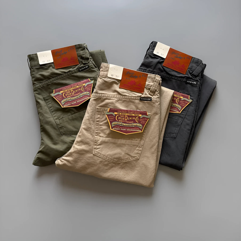 Men's straight-leg cotton trousers in grey, Army Green, and khaki colours on a mid-waist fit model.