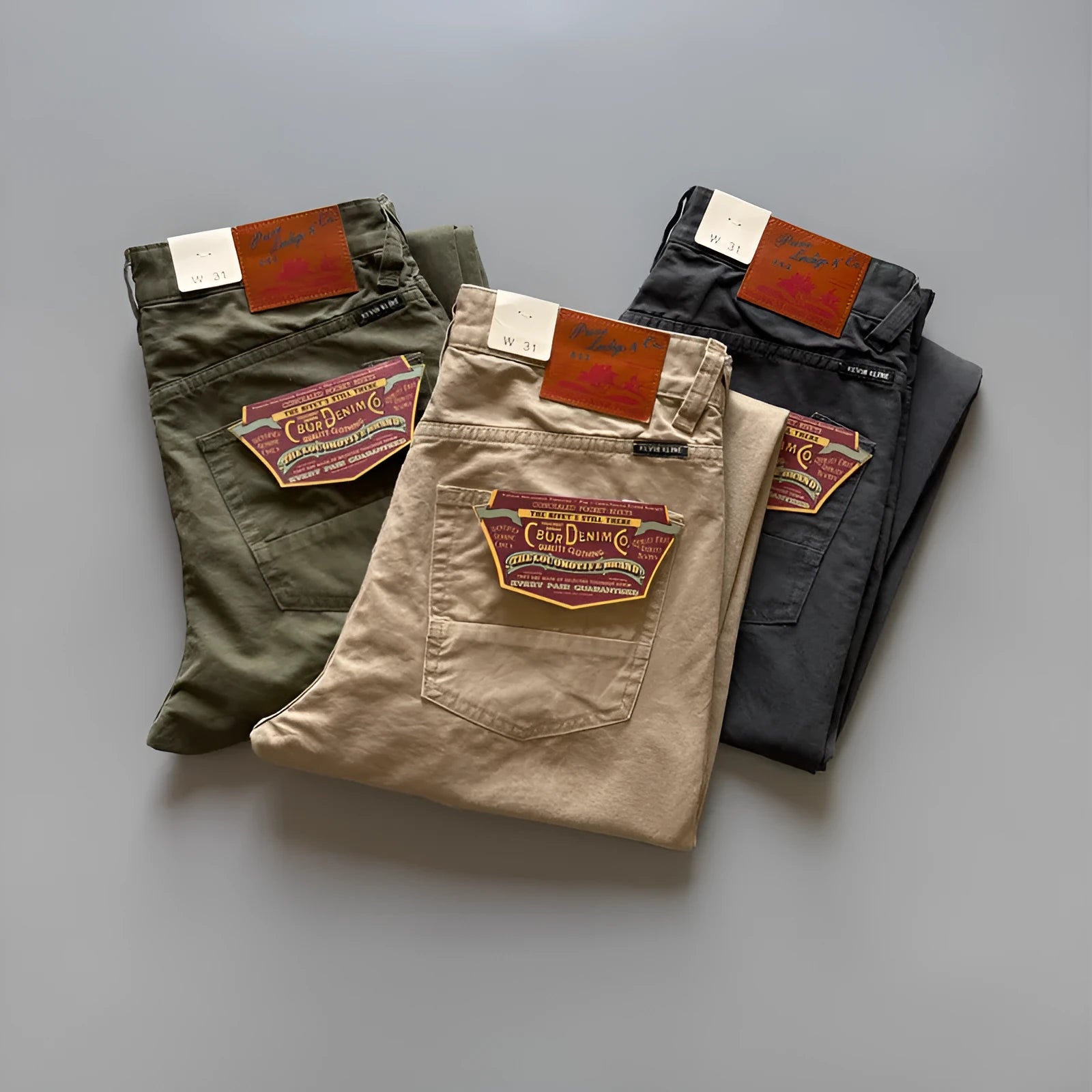 Men's straight-leg cotton trousers in grey, Army Green, and khaki colours on a mid-waist fit model.