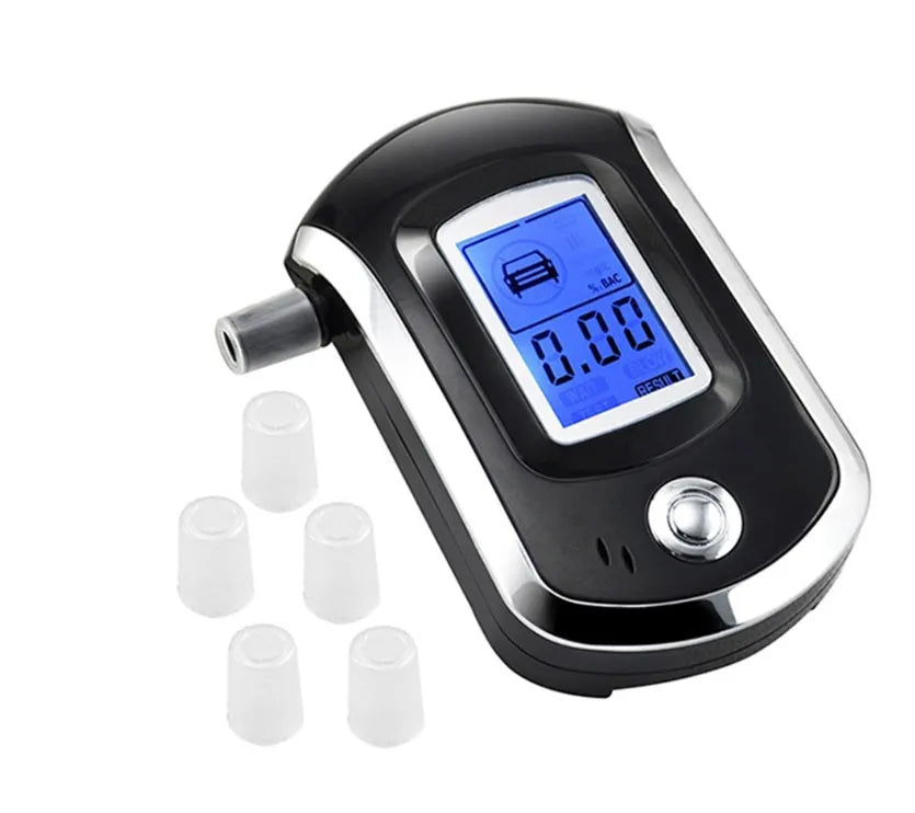 Black portable breath alcohol tester with digital screen and mouthpiece.