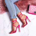 Candy bright toe strap high heels with microfiber upper and rubber sole in black, orange, rose red and yellow