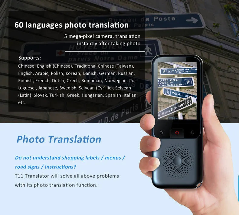 Intelligent voice translator with ABS body, key and touch controls, Android system, 10M wireless range