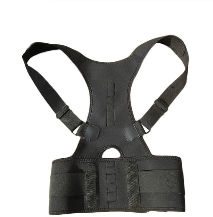 Magnetic posture corrector neoprene back brace in black, adjustable unisex lumbar support belt