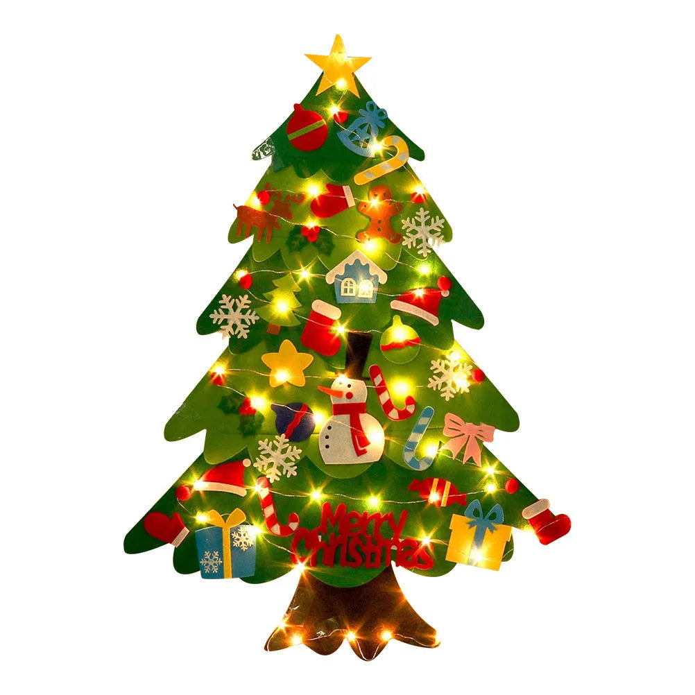 Children's DIY felt Christmas tree with lights green 98cm wall-mounted with snowman decoration