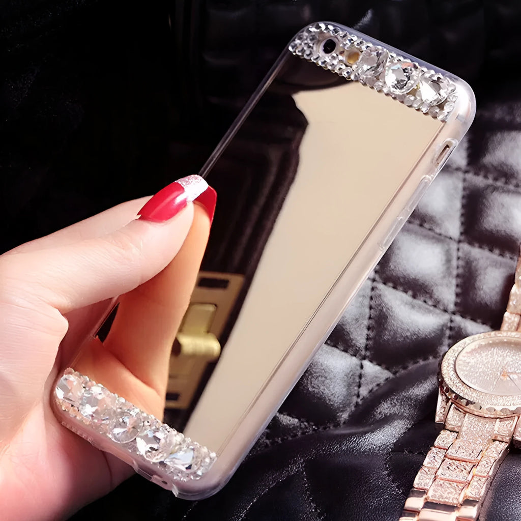 Rhinestone decorated waterproof silicone back cover case for Huawei smartphones in gold colour.
