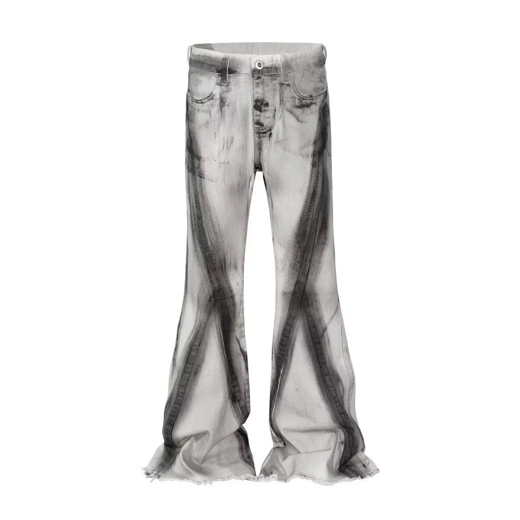 White heavy rough selvedge denim jeans with black ribbon gradient detailing, mid waist, zip fly.