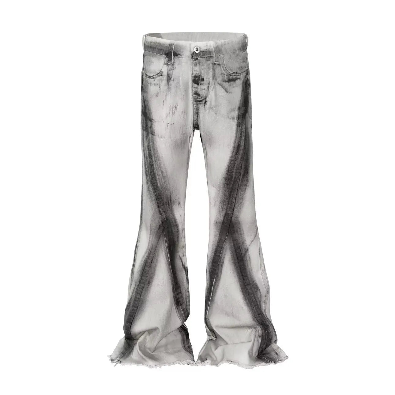 White heavy rough selvedge denim jeans with black ribbon gradient detailing, mid waist, zip fly.