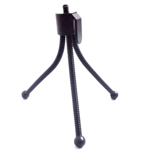 Small black iron mini tripod with telescopic legs and a universal ball head, shown holding an iPhone.