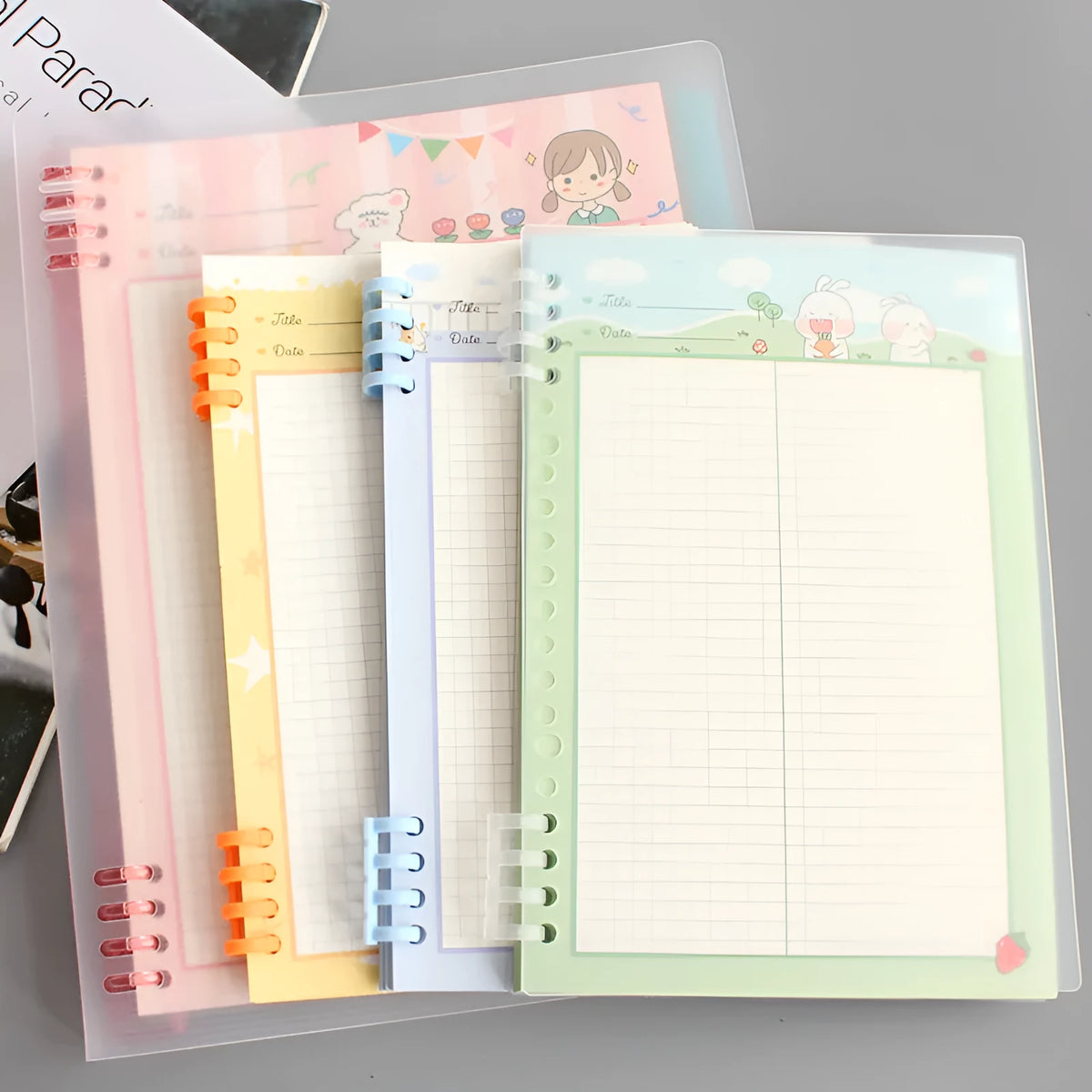 B5 8-hole loose-leaf refill paper with 40 pages, PP shell, and coloured options including blue, green, pink, yellow, and transparent shell