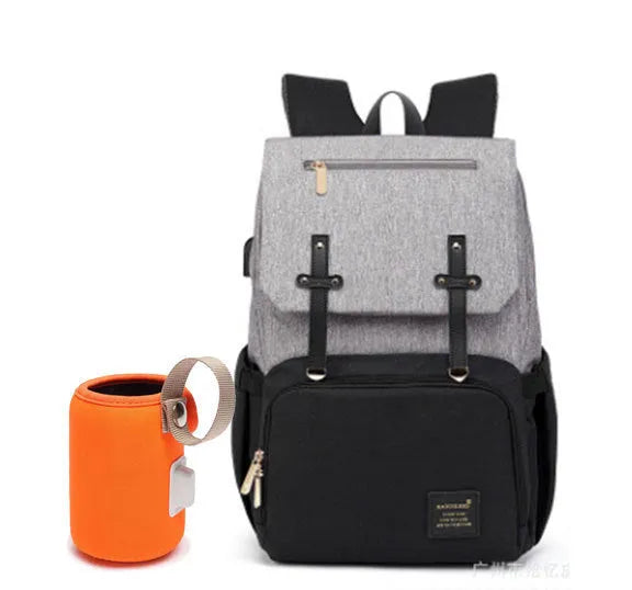 Double shoulder mummy bag backpack in grey white with bottle, Oxford fabric, tissue pocket and stroller hooks