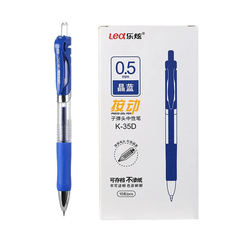 Box of 12 K-35D push type gel pens with 0.5mm fine tip in black, blue, red, and dark blue colours