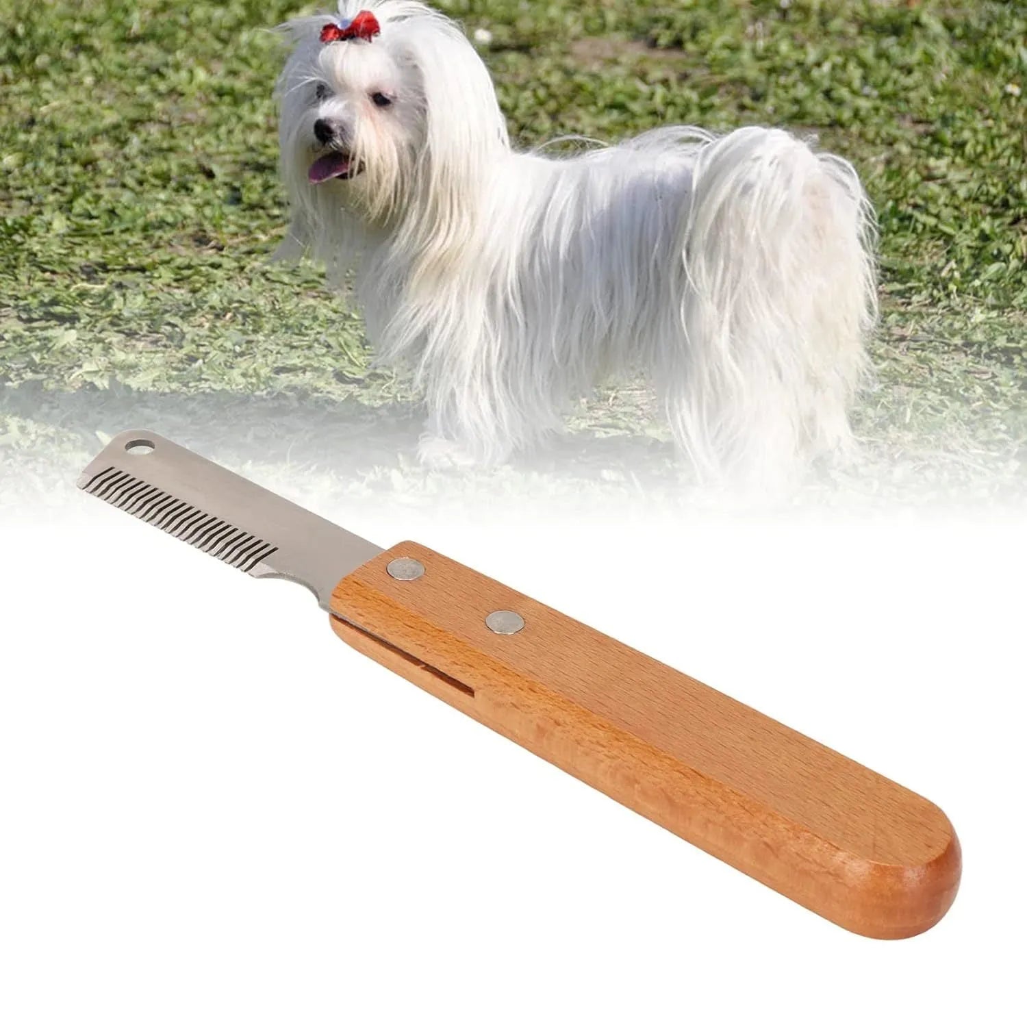 Wooden handle pet stripping comb for grooming dogs and cats, shown in two size options.