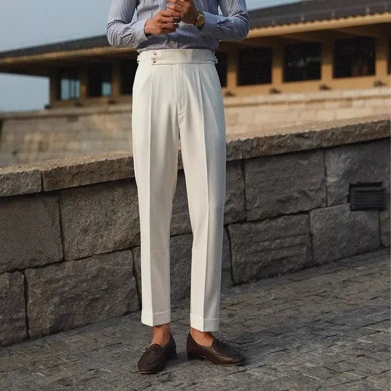 Slim fit straight leg suit trousers in a chemical fibre blend fabric for formal wear.