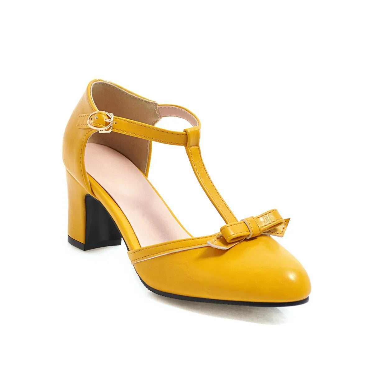 Women's chunky heel sandals with bow detail and buckle strap in solid colour.