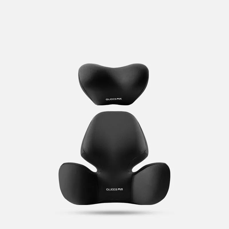 Black and grey memory foam lumbar support pillow and headrest on a car seat.