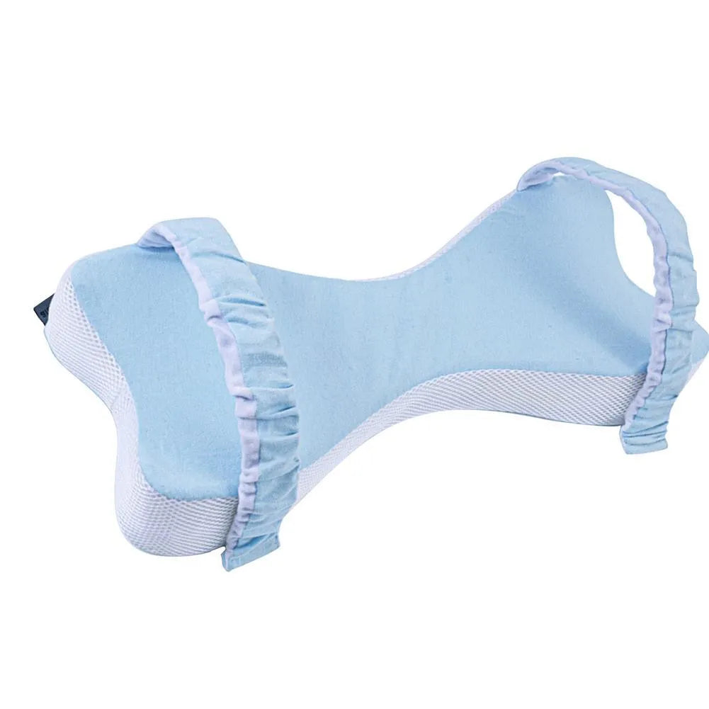 Memory cotton side sleeping knee pillow in light grey on a bed, 70x37x9cm with adjustable core height