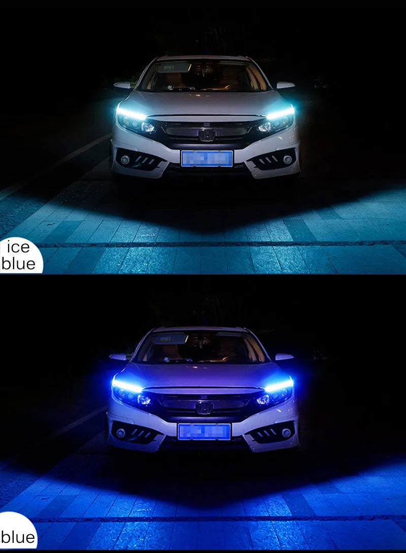 Car LED daytime running light strip with flowing turn signal effect in blue to yellow colour.