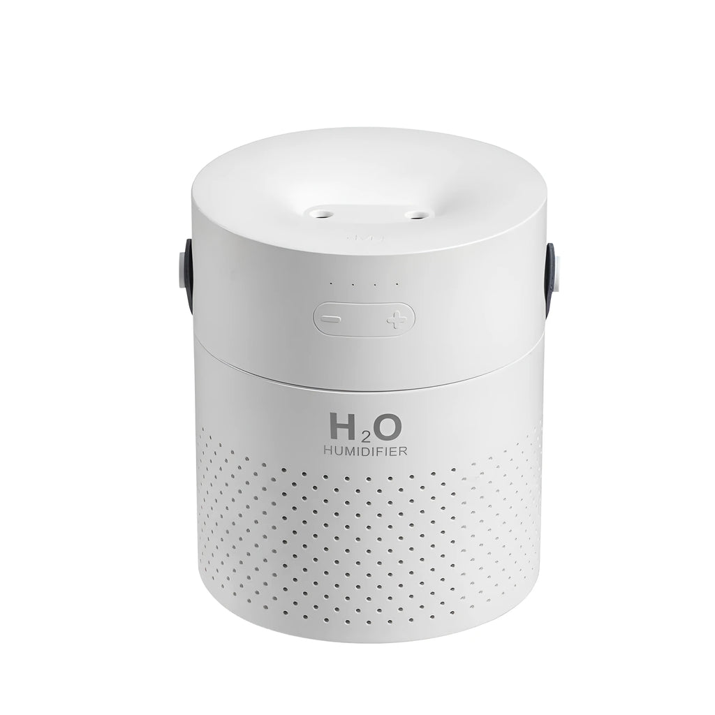 Slim USB rechargeable humidifier with colour LED light in green, grey, pink or white, showing water tank and USB port.