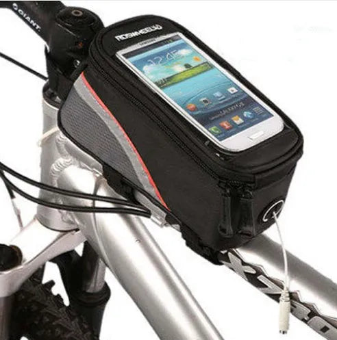 ROSWHEEL black PVC bicycle frame bag mounted on bike, holding a mobile phone.