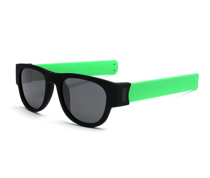 Folding bracelet sunglasses with polarized UV400 resin lens on wrist, black colour