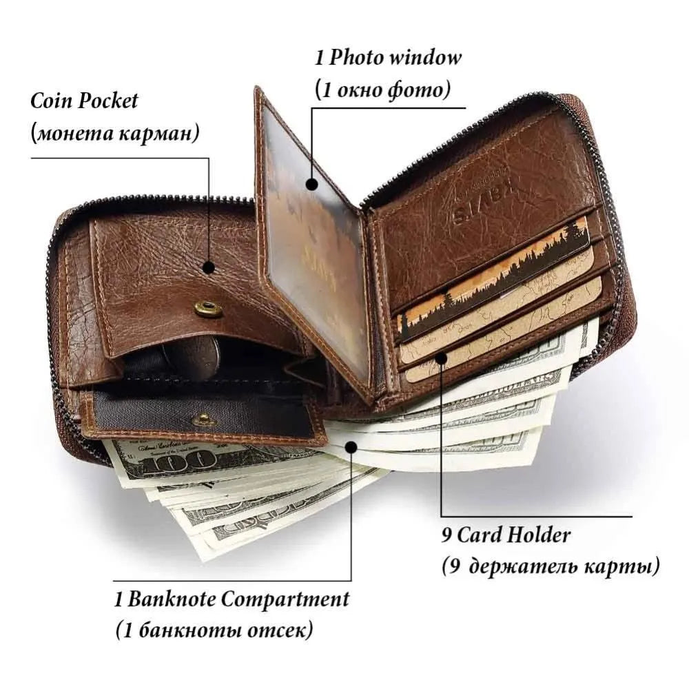 Soft genuine leather men's wallet with zipper closure showing internal compartments in coffee colour