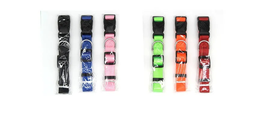 Soft nylon pet collar with plastic buckle and metal D ring, available in multiple colours and sizes