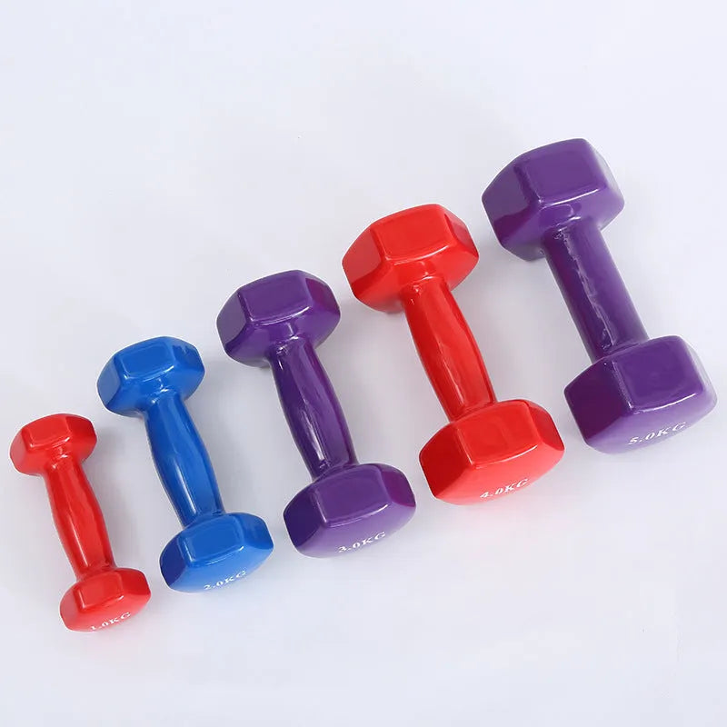 Bright colour plastic-coated fitness dumbbells in 0.5kg, 1kg and 1.5kg weights for home exercise
