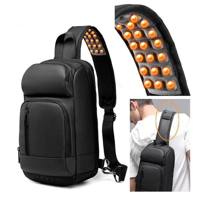 Black square-shaped outdoor shoulder bag with a single adjustable strap, shown with open zipper revealing internal laptop and phone pockets.