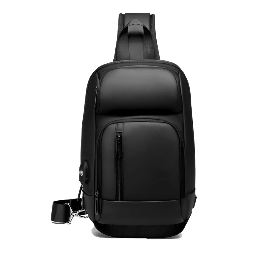 Black square-shaped outdoor shoulder bag with a single adjustable strap, shown with open zipper revealing internal laptop and phone pockets.