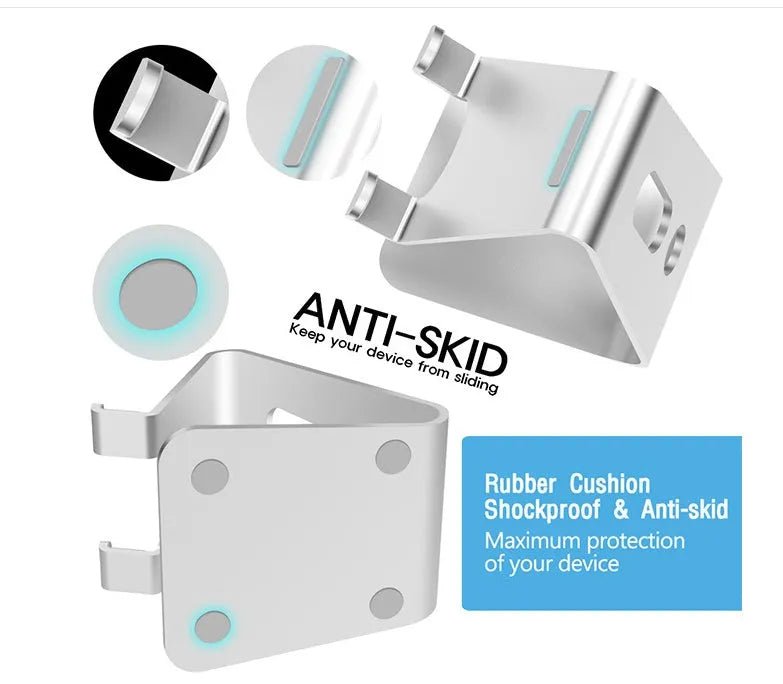 Aluminium Universal Phone Buddy stand holding a tablet, shown in silver colour.