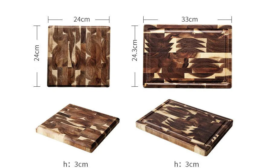 Brown solid wood chopping board with parquet pattern, shown on a kitchen countertop.