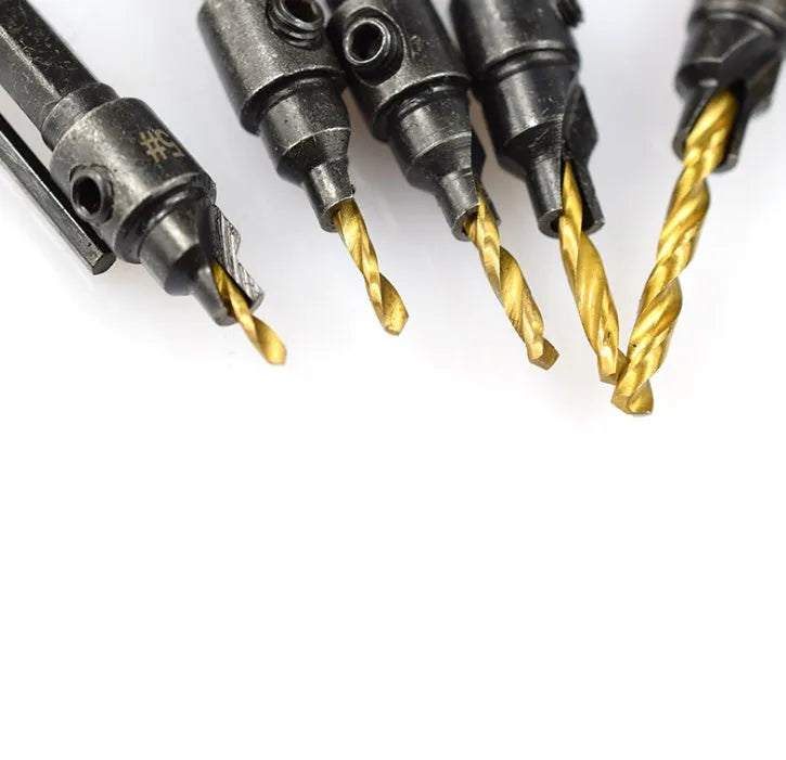 Five hexagon shank titanium plated countersink drill bits with sizes 5 to 12 mm and a small wrench