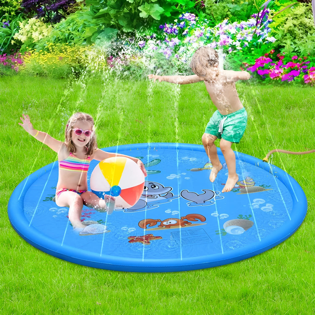 Blue PVC water spray play pad mat for children with marine animal design in garden setting.