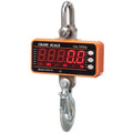 Orange electronic crane scale with digital display, showing a weight readout, hooked to a chain for lifting.
