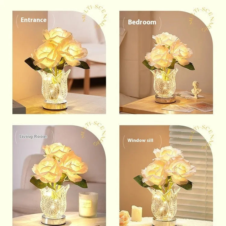 Crystal flowers design table lamp with touch dimming control and USB charging cable