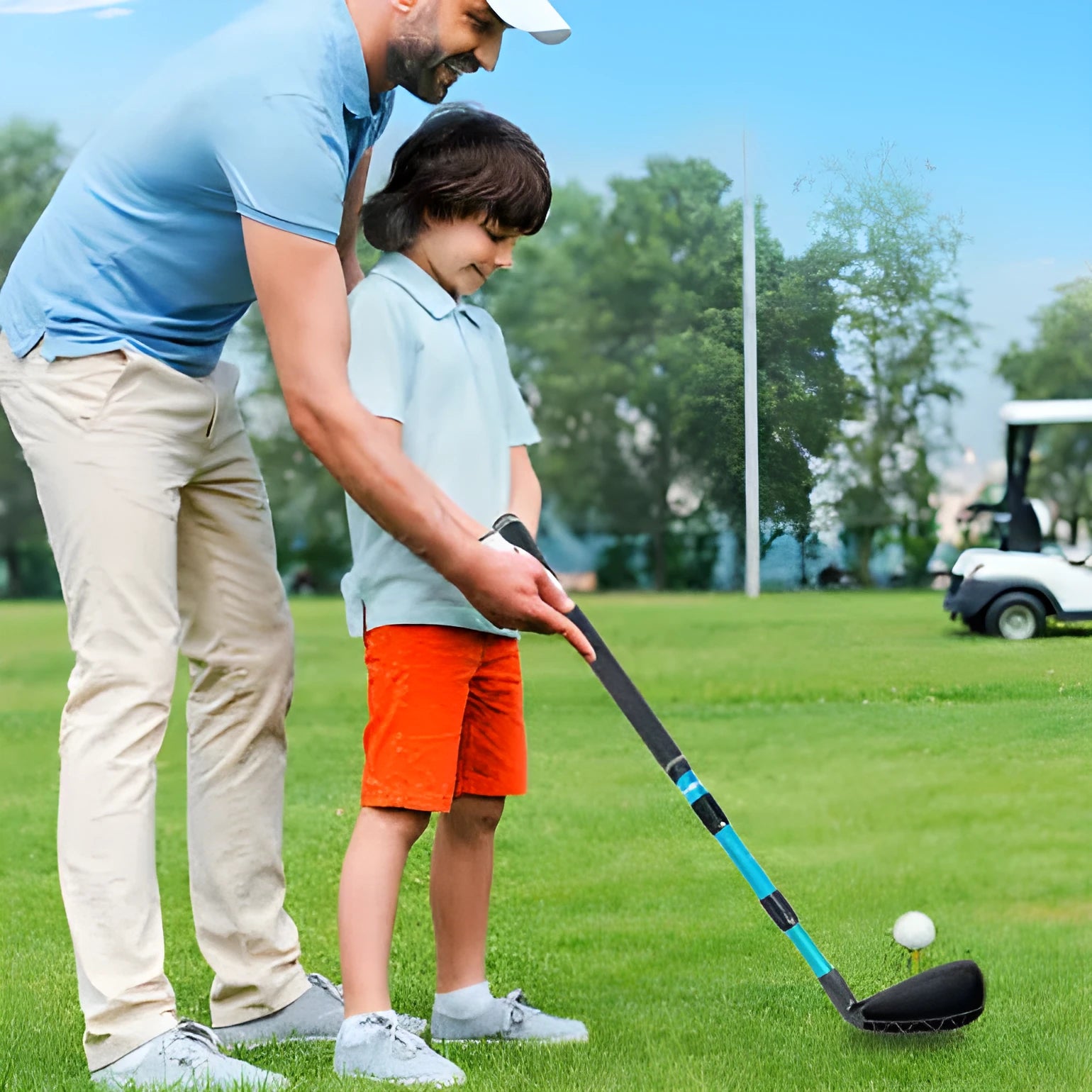 Golf three-section telescopic cutting rod with black grip and black rod head extended to 85cm