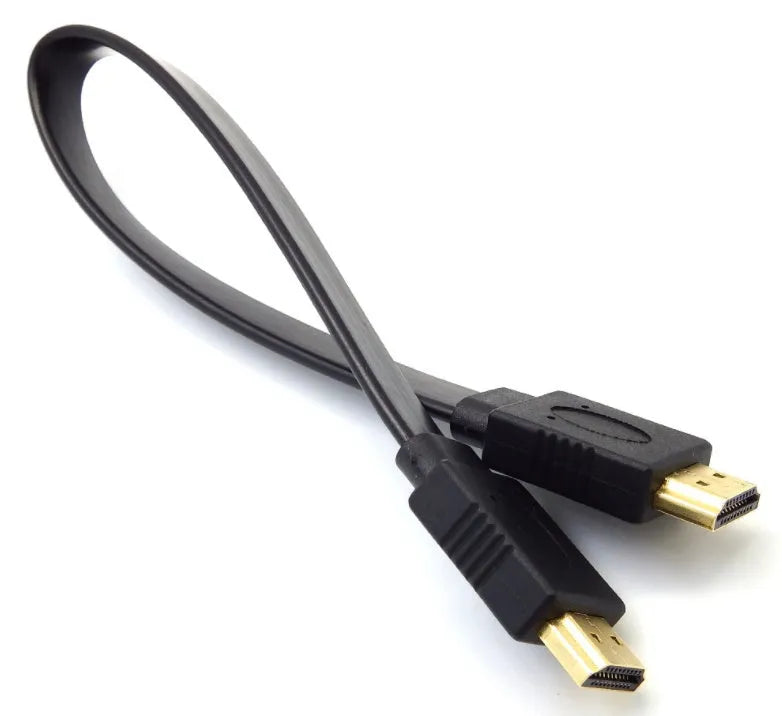 Flat HDMI cable with HDMI connectors showing length options from 0.3 to 10 metres