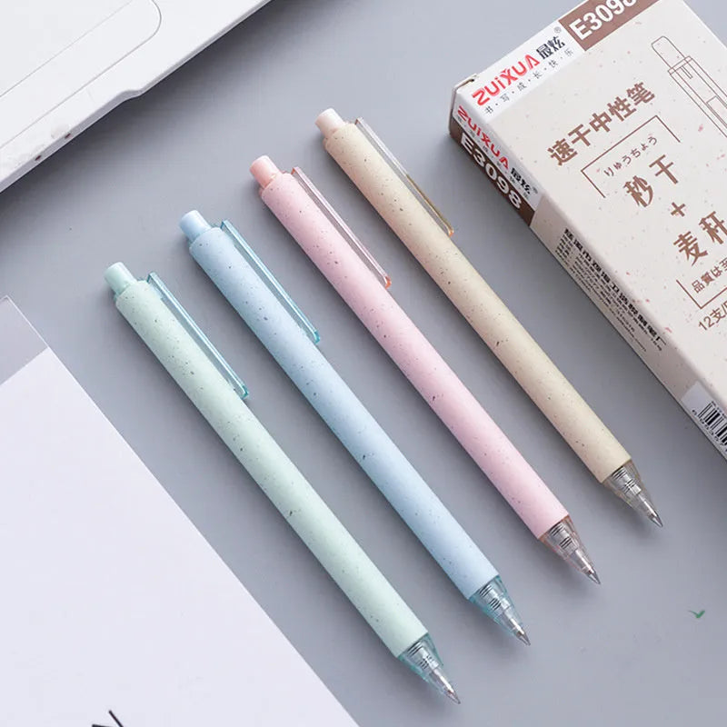Set of 12 push-type 0.5mm gel pens in assorted colours with replaceable refills and quick-drying black ink