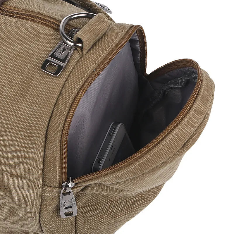 Canvas men shoulder bag, horizontal square shape, zipper closure, khaki colour, with single strap