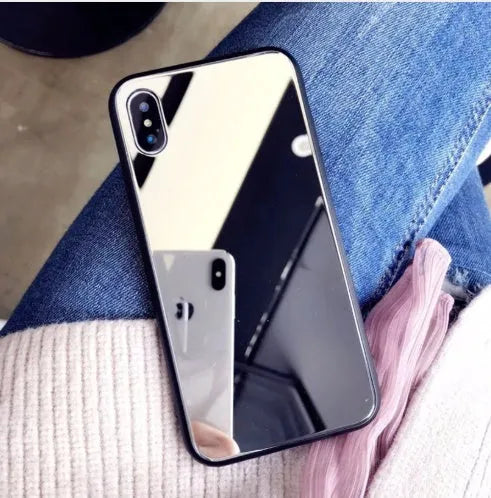 Black compatible iPhone case with integrated mirror for iPhone X, 7 Plus, and 8 Plus models.