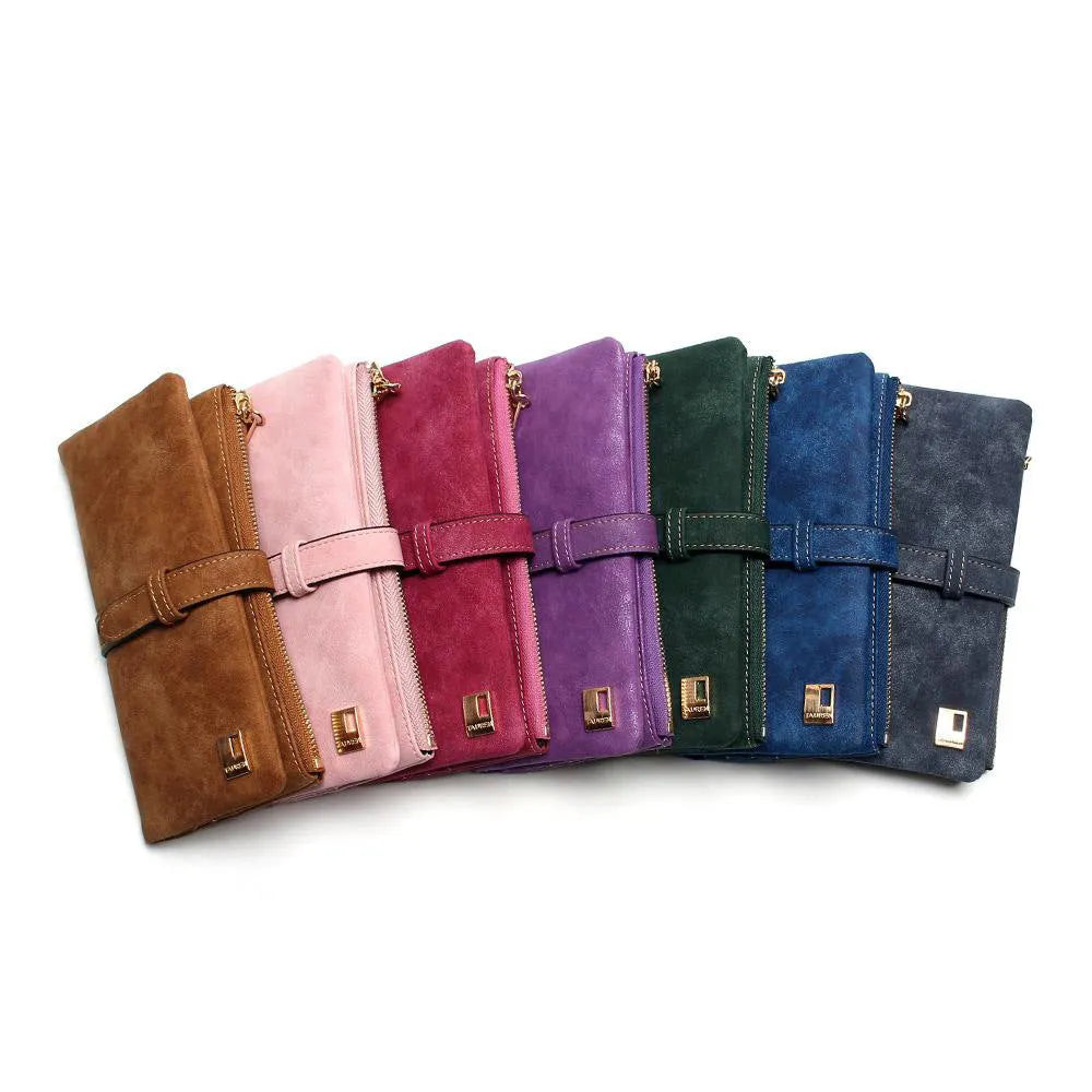 Army green retro matte PU leather long bifold women's wallet with zip closure open to show card slots and phone pocket.
